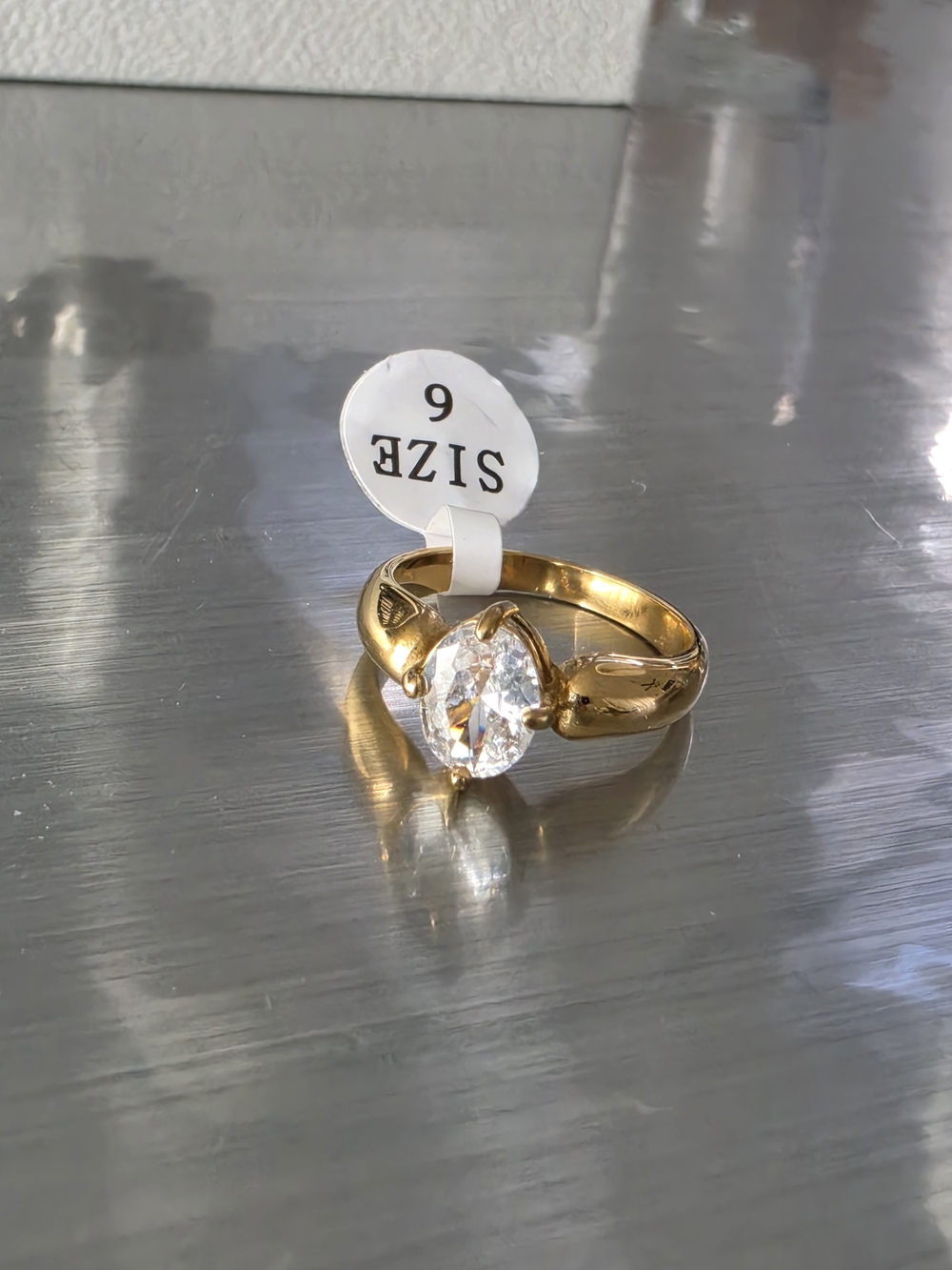 Gold Solitaire Marquise Ring with Clear Stone - Size 6